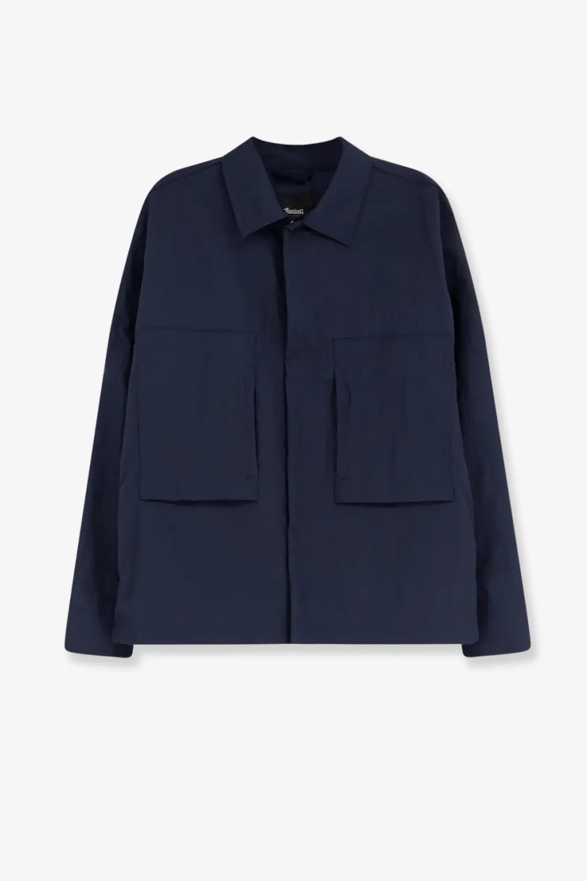 Navy blue laminar men’s wrinkled nylon utility jacket with collar and two front patch pockets