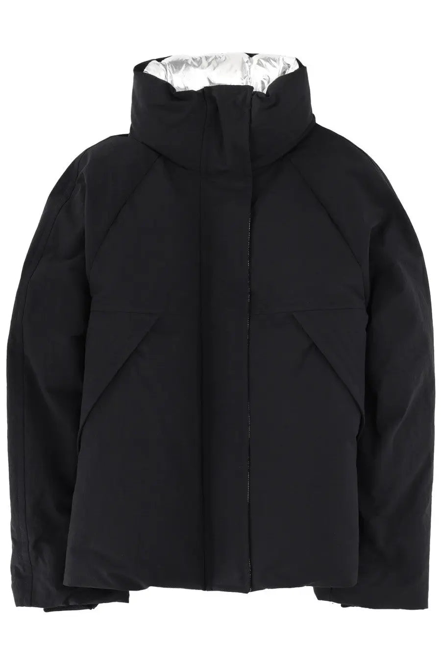 Laminar women’s crinkle metallic jacket black with silver-lined hood and angular geometric paneling in puffer style