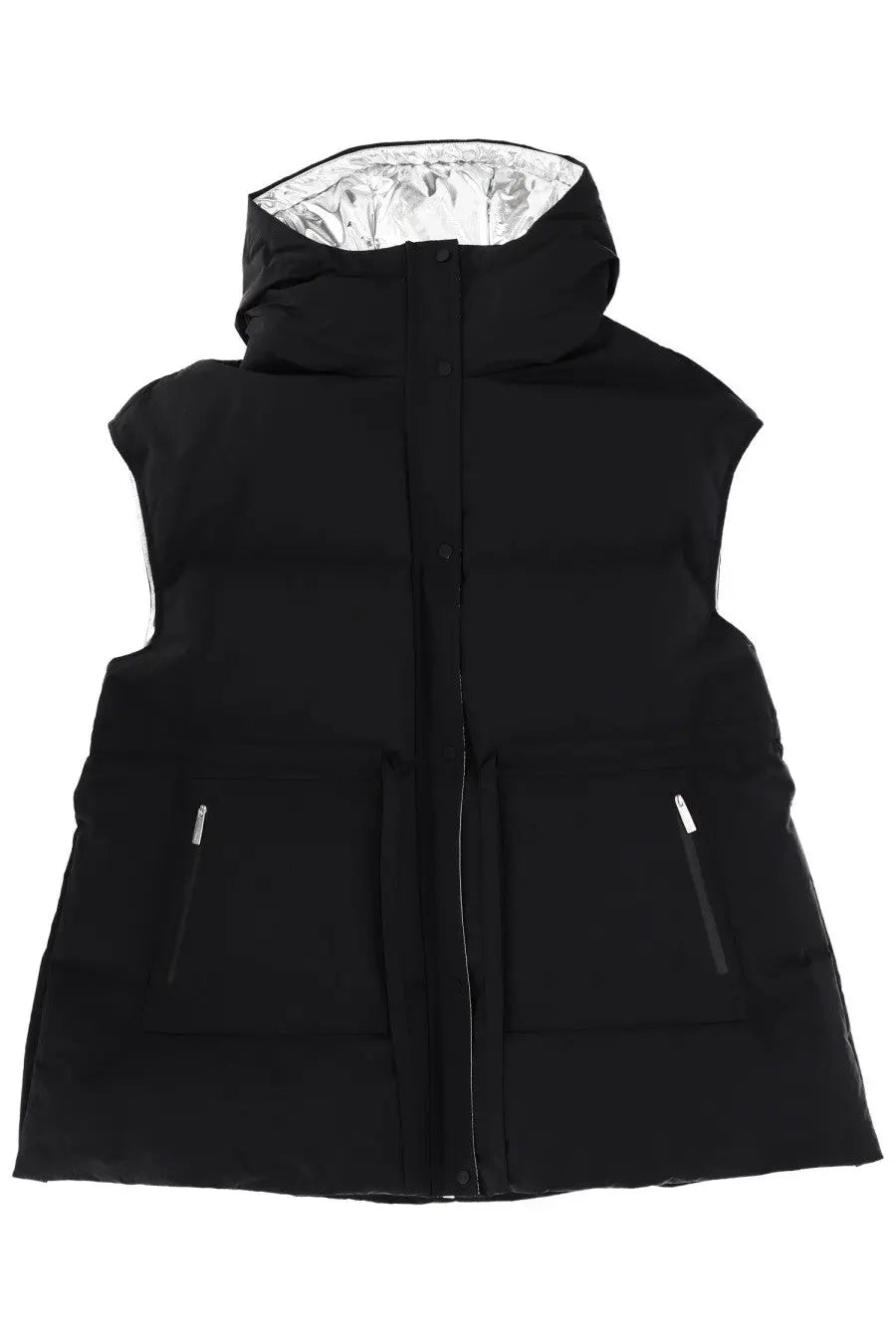 Black laminar women’s crinkle metallic puffer vest with silver-lined hood and two front zippered pockets