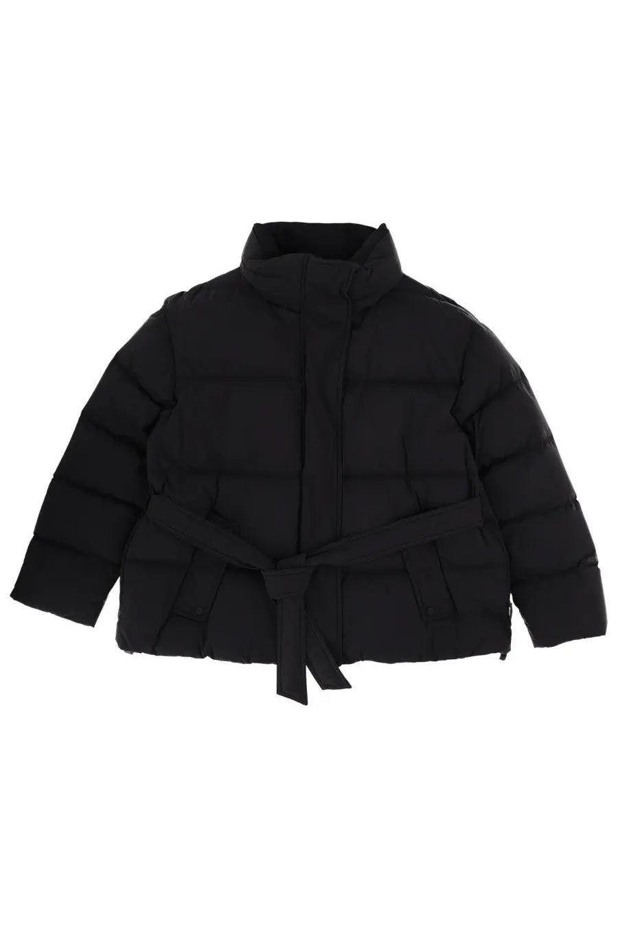 Laminar womens goretex black quilted puffer jacket with high collar and matching belt