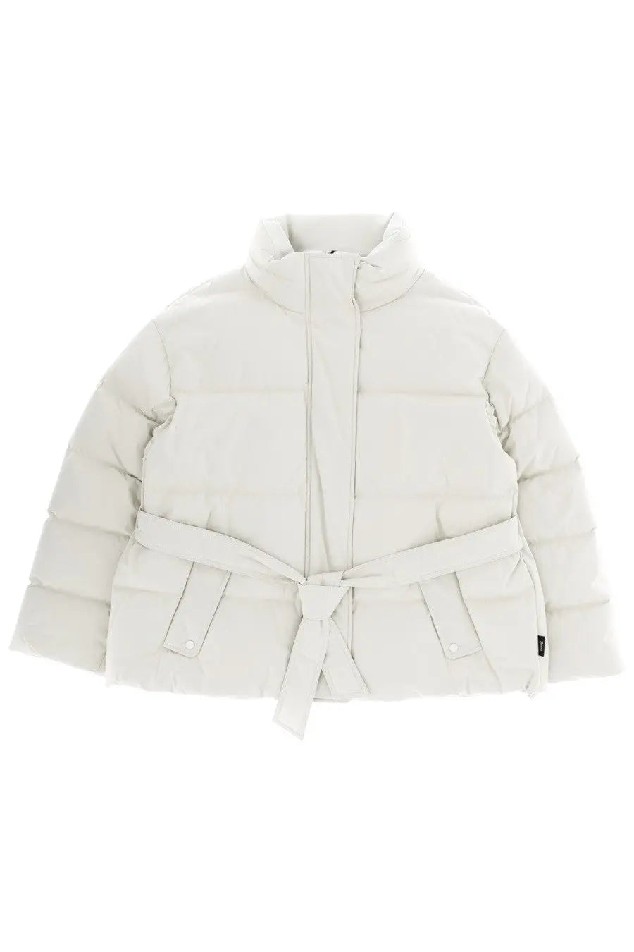 Laminar women’s off-white Goretex puffer jacket with high collar quilted design and matching belt tied at the waist