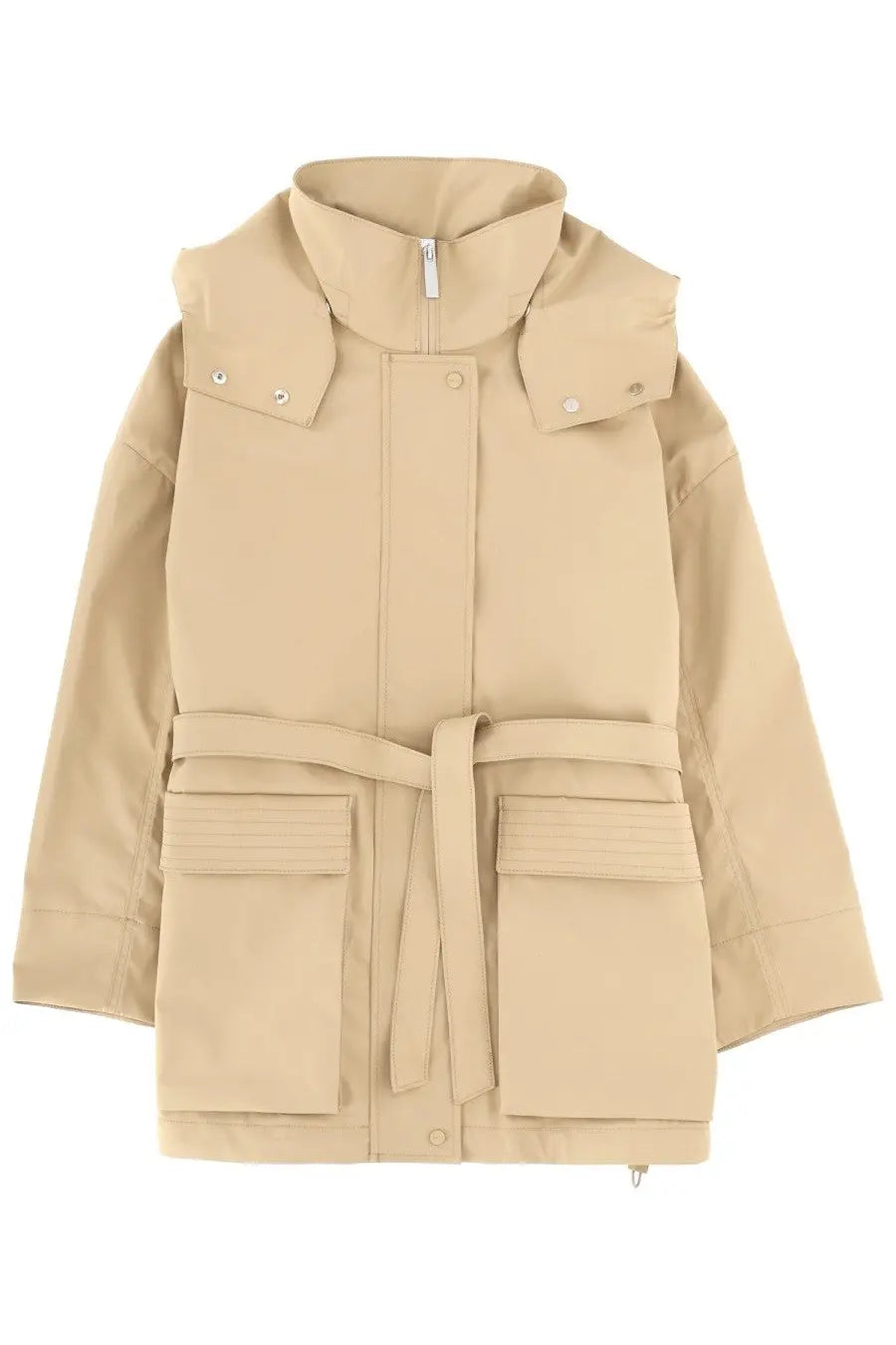 Beige laminar women metallic parka with belted waist, large front pockets, and snap-buttoned shoulder epaulets