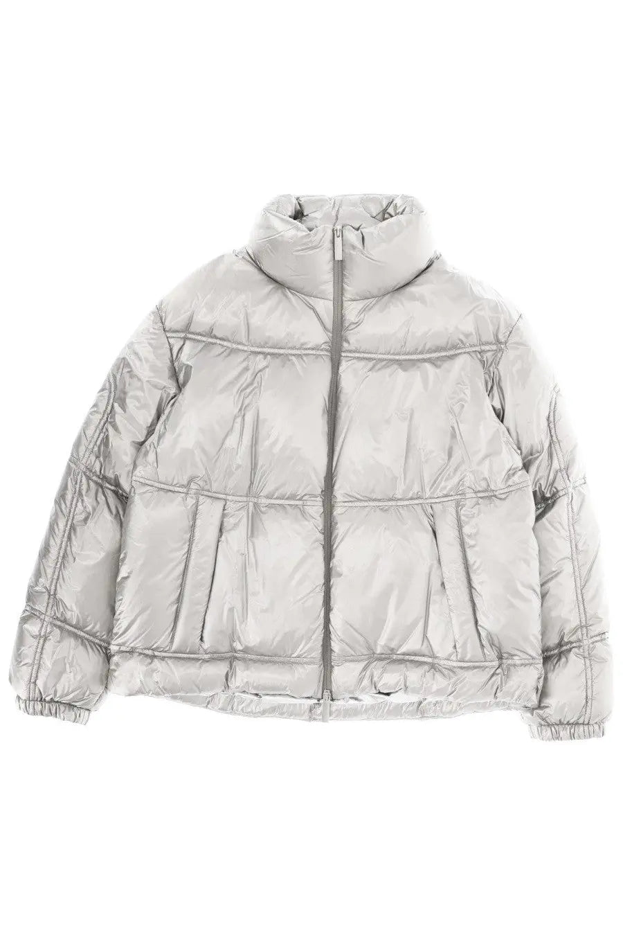 Laminar women’s metallic shield jacket silver featuring a silver metallic puffer design with high collar and quilted pattern