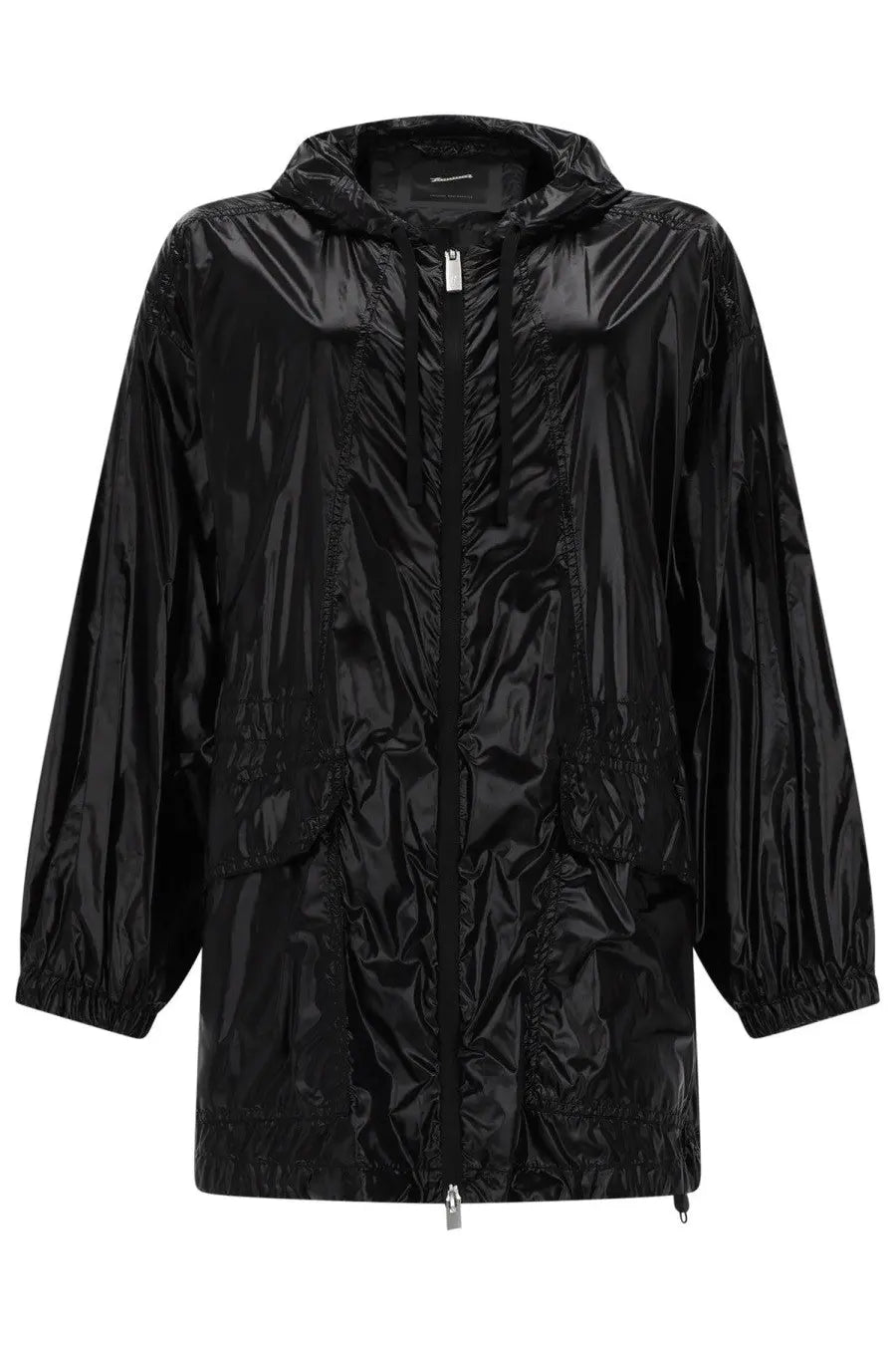 Black glossy nylon laminar women’s parka corto with hood elastic cuffs and drawstring hem front view