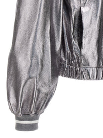 Brunello Cucinelli Laminated Leather Bomber Jacket Silver, view 4