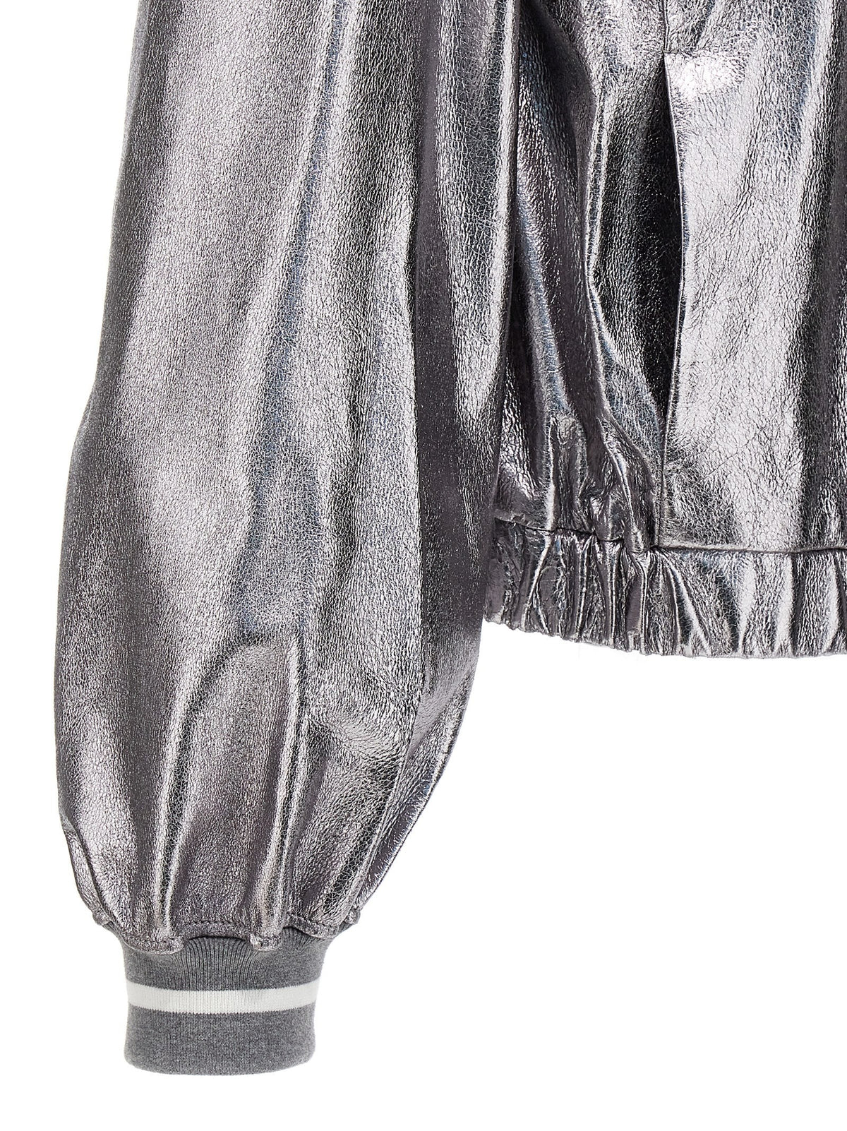 Brunello Cucinelli Laminated Leather Bomber Jacket Silver, view 4
