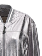 Brunello Cucinelli Laminated Leather Bomber Jacket Silver, view 3