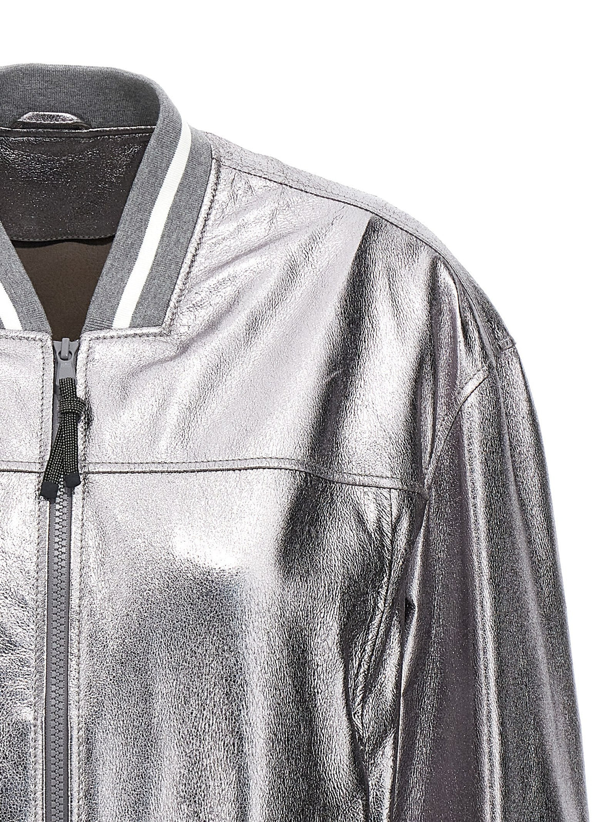 Brunello Cucinelli Laminated Leather Bomber Jacket Silver, view 3