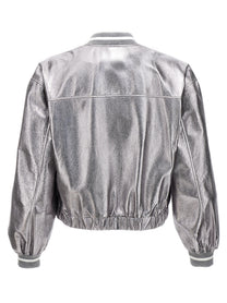 Brunello Cucinelli Laminated Leather Bomber Jacket Silver, view 2