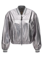 Brunello Cucinelli Laminated Leather Bomber Jacket Silver