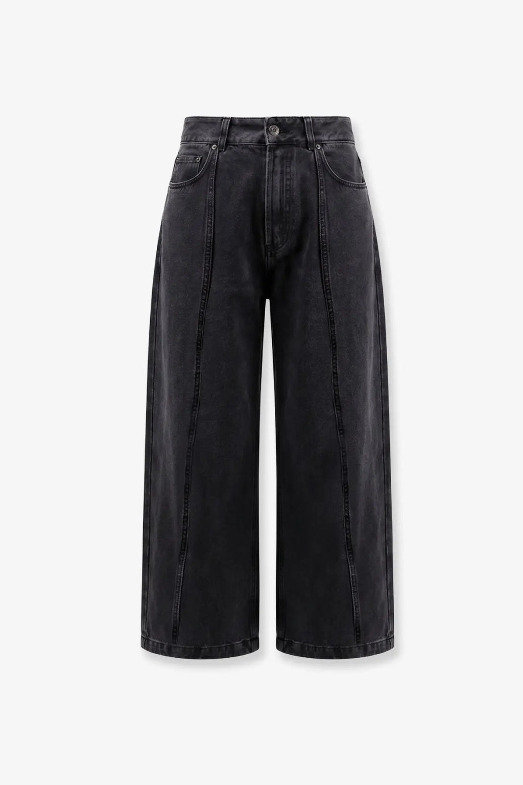 Lamrons women’s balloon fit black denim jeans feature high waist black wide-leg denim pants with straight seams