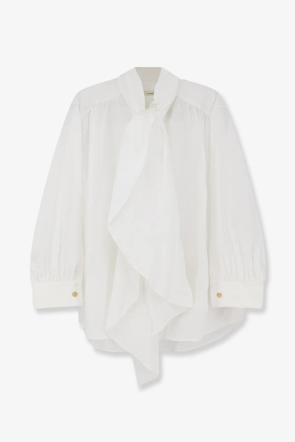 Lamrons women’s cotton shirt white with a flowing ruffled front and long sleeves in a classic blouse style