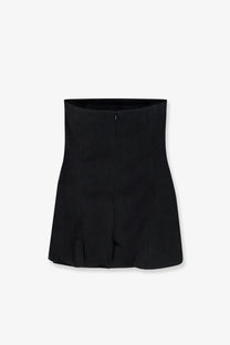 Black high-waisted pleated mini skirt with central zipper closure paired with lamrons cotton and silk blend top black