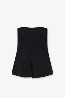 Black high-waisted tailored shorts with subtle back pleats paired with lamrons women’s cotton and silk blend top black