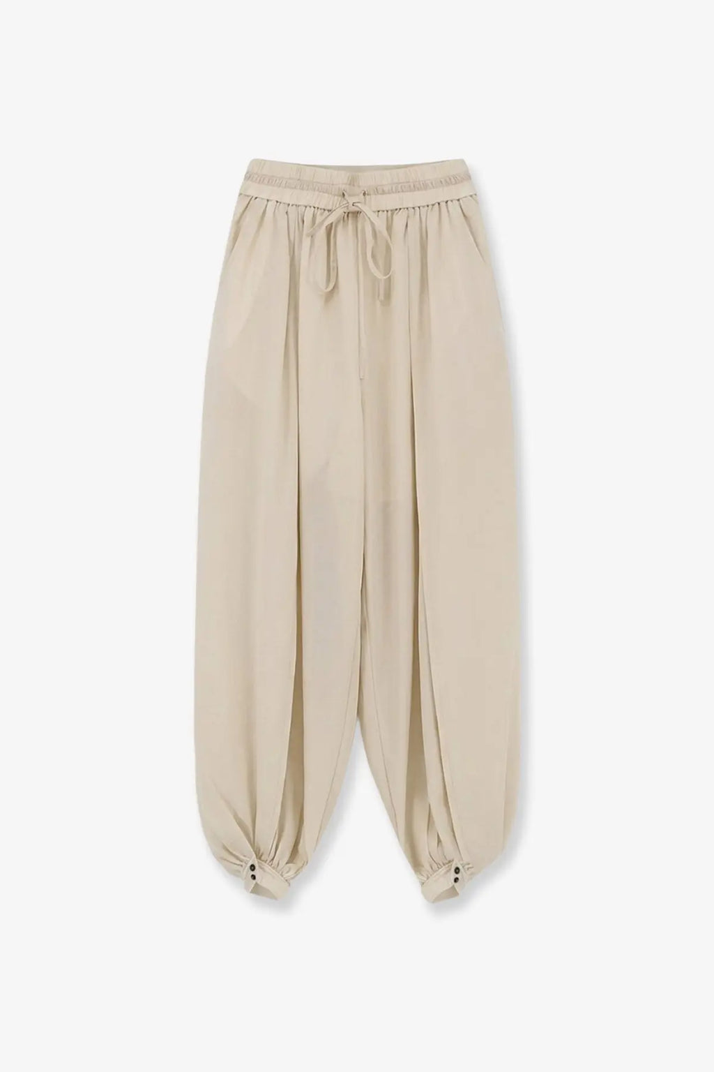 Beige lamrons women’s cotton trousers with elastic waistband and relaxed flowing silhouette for casual wear