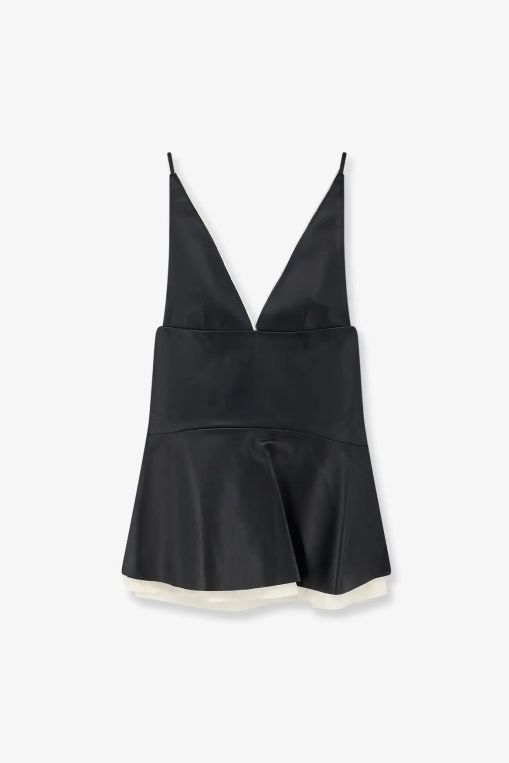 Lamrons women’s black leather top featuring a black satin camisole with deep v-neckline and flared skirt hem