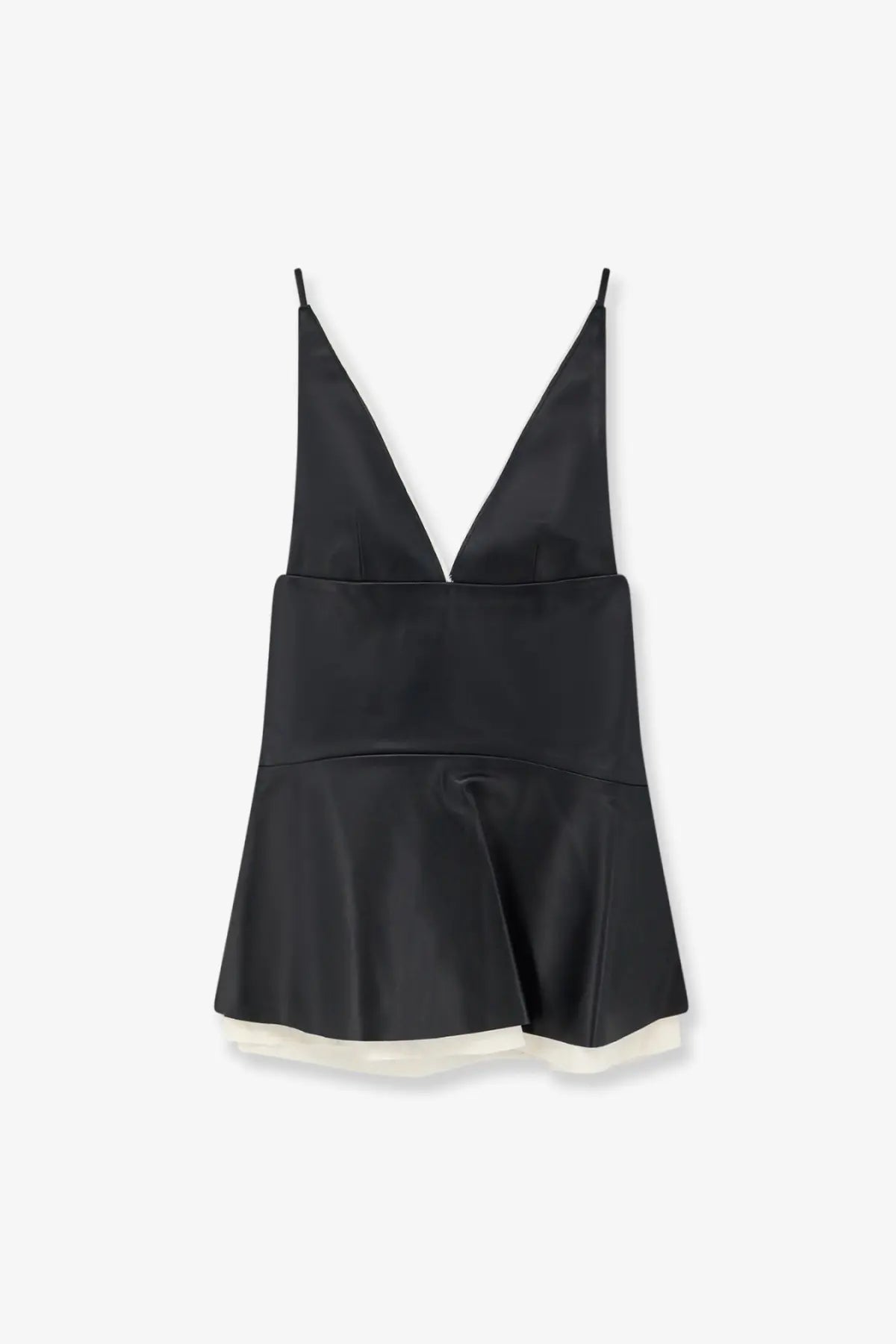 Lamrons women’s black leather top featuring a black satin camisole with deep v-neckline and flared skirt hem