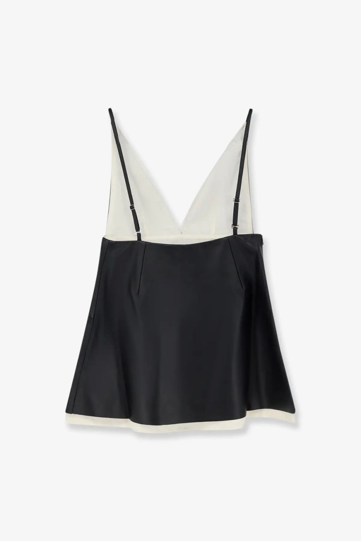 Lamrons women’s leather top black black satin camisole with contrasting white sheer panels and thin black straps