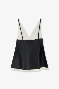 Lamrons women’s leather top black black satin camisole with contrasting white sheer panels and thin black straps