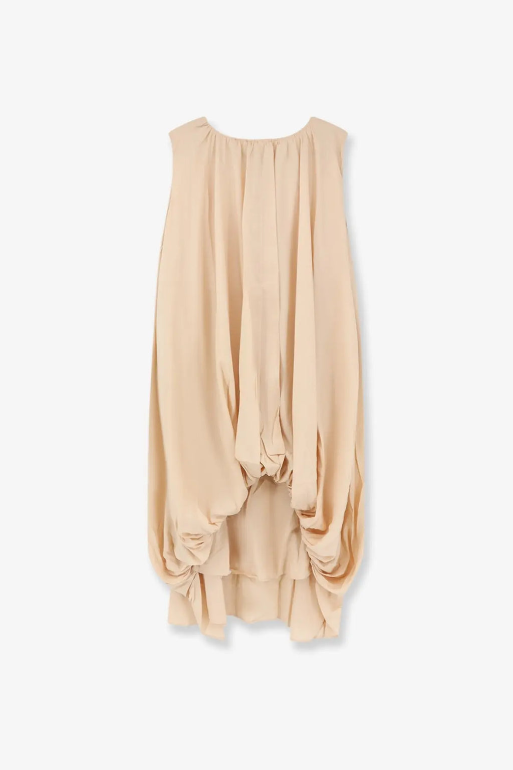 Beige sleeveless lamrons women’s dress with modal and silk blend fabric, draped silhouette, and asymmetrical hemline