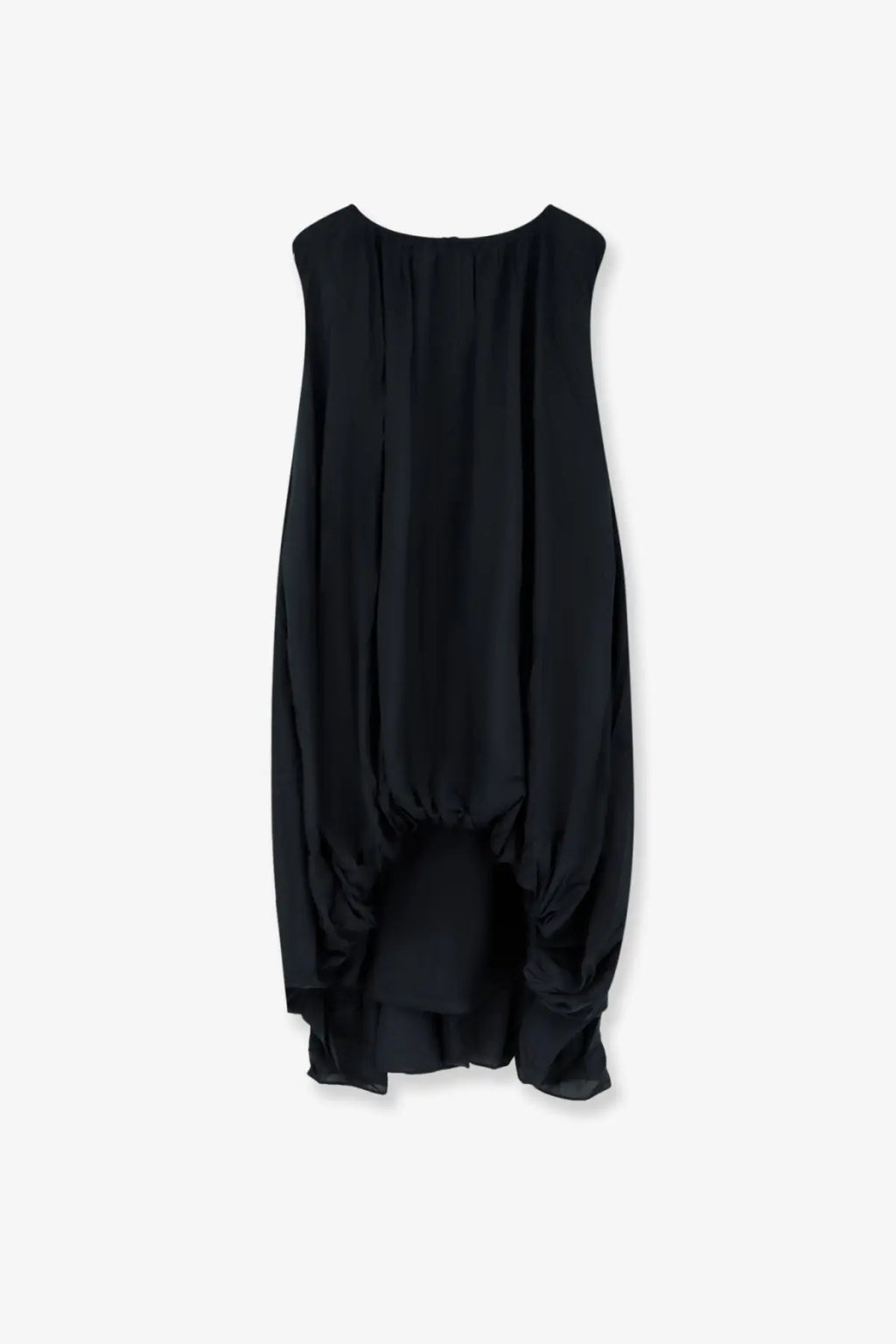 Lamrons women’s black sleeveless dress in modal and silk blend with flowing draped silhouette and ruffled hem