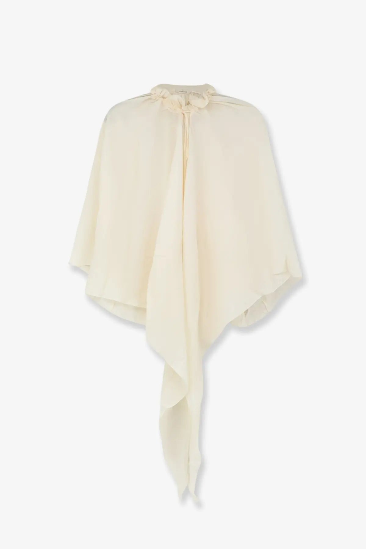Cream-colored silk cape with draped asymmetrical hem and tied neckline in lamrons women’s modal and silk blend top white