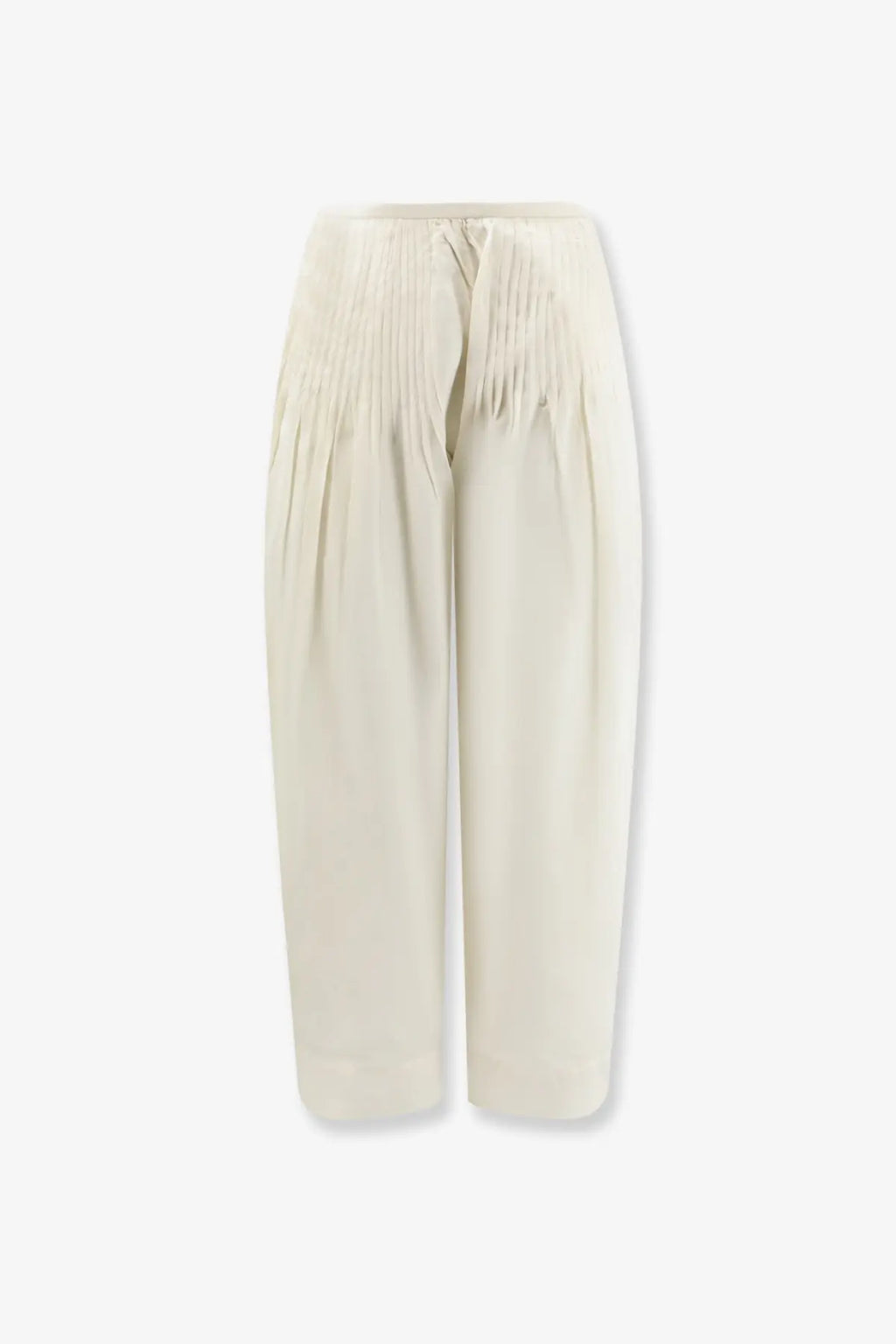 Lamrons women’s cream-colored wide-leg modal and silk blend trousers with pleated waistband and soft fabric
