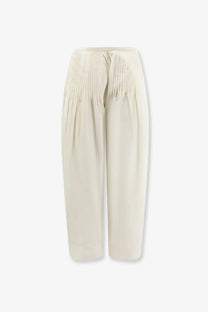 Lamrons women’s cream-colored wide-leg modal and silk blend trousers with pleated waistband and soft fabric