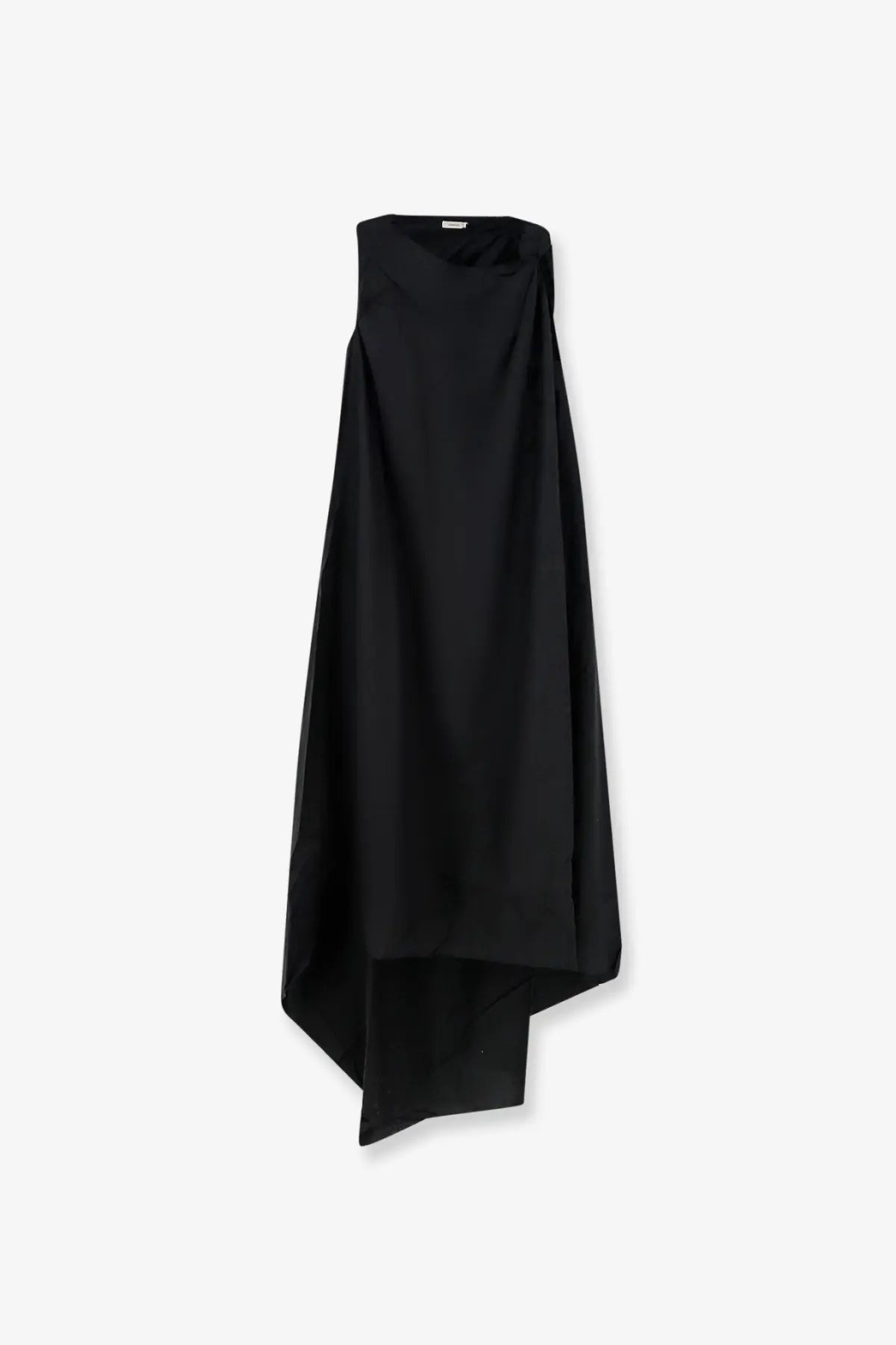 Lamrons women’s black sleeveless asymmetrical dress with draped flowing silhouette made of viscose and lyocell blend