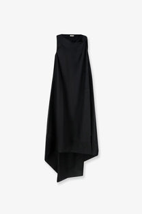 Lamrons women’s black sleeveless asymmetrical dress with draped flowing silhouette made of viscose and lyocell blend