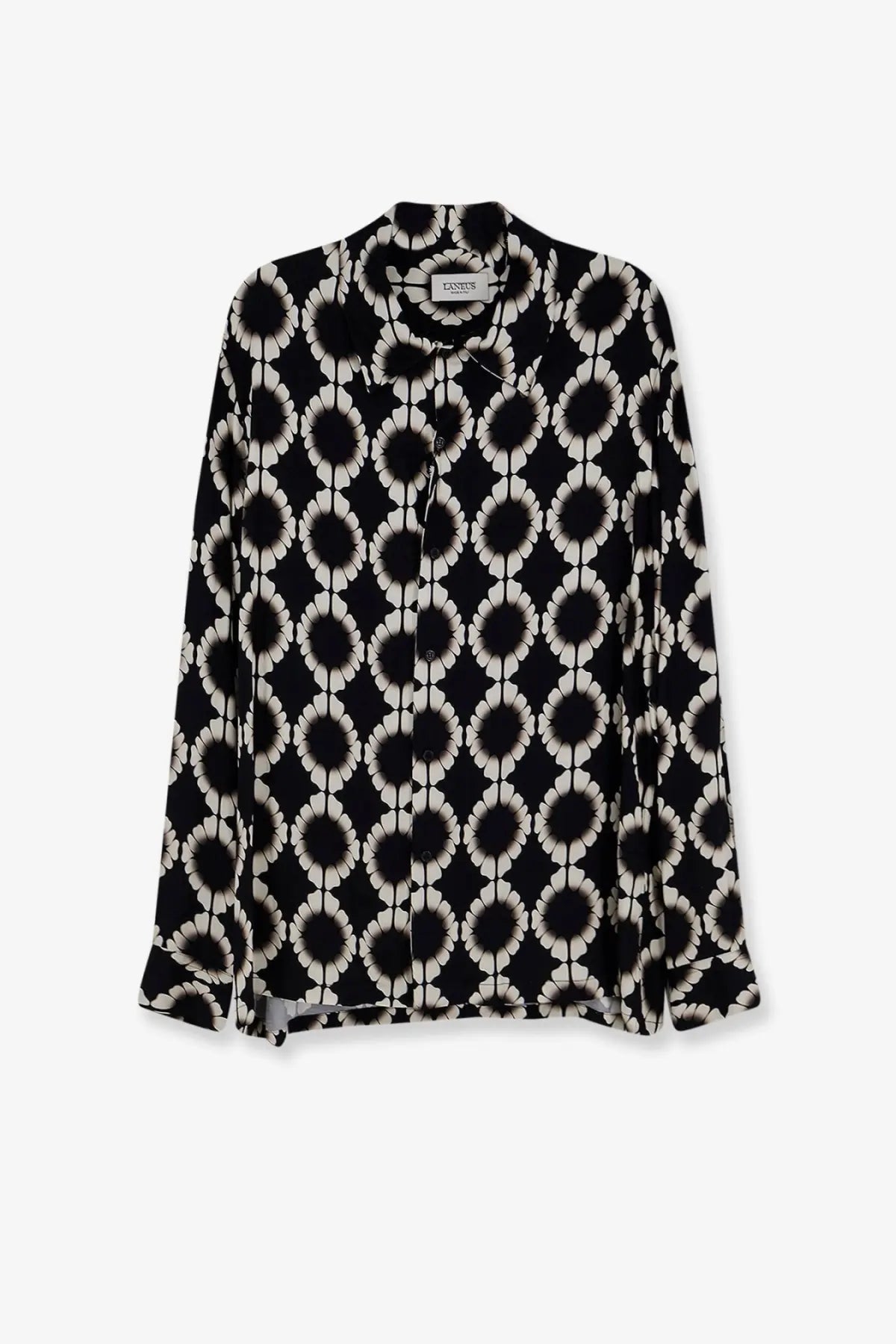 Laneus men’s boxy fit viscose shirt black with black and white patterned blouse featuring a circular floral design