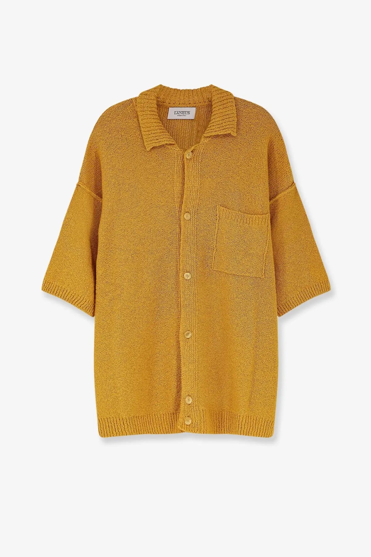 A mustard-yellow textured knit cardigan with collar and button-front closure from Laneus men’s cashmere silk blend shirt zafferano