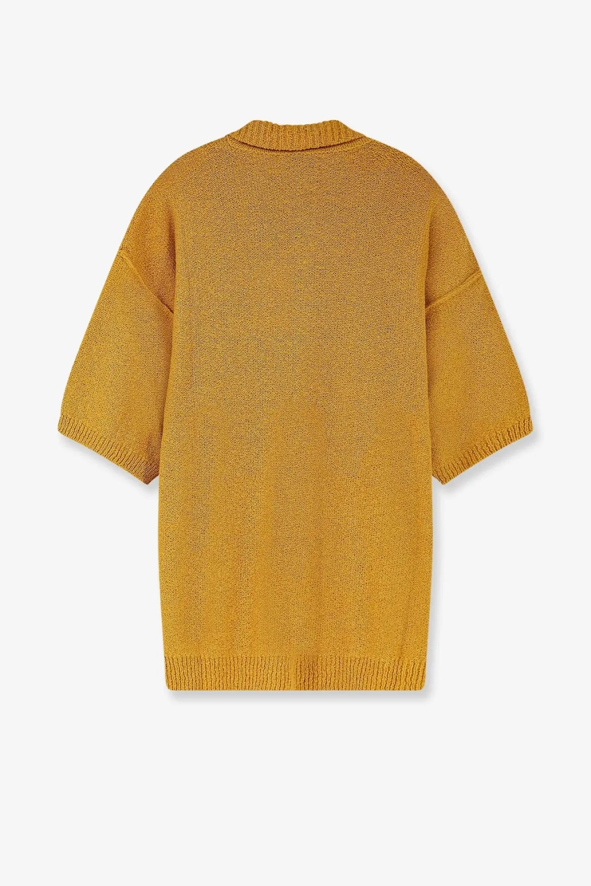 A mustard yellow oversized knit sweater dress with ribbed cuffs and hem in laneus mens cashmere and silk blend shirt zafferano style