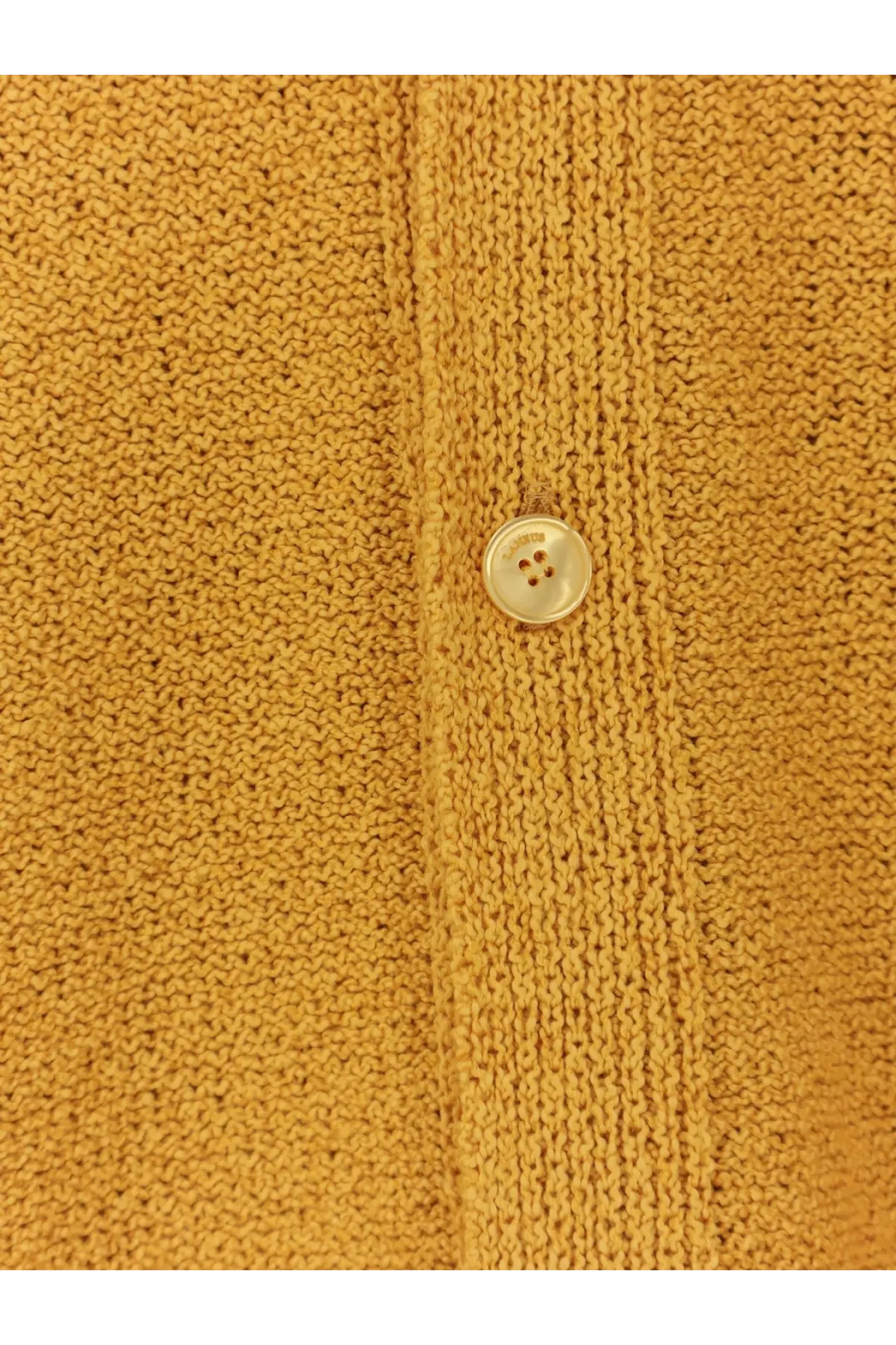 Laneus men’s cashmere and silk blend mustard-yellow cardigan with subtle ribbed texture and one cream button