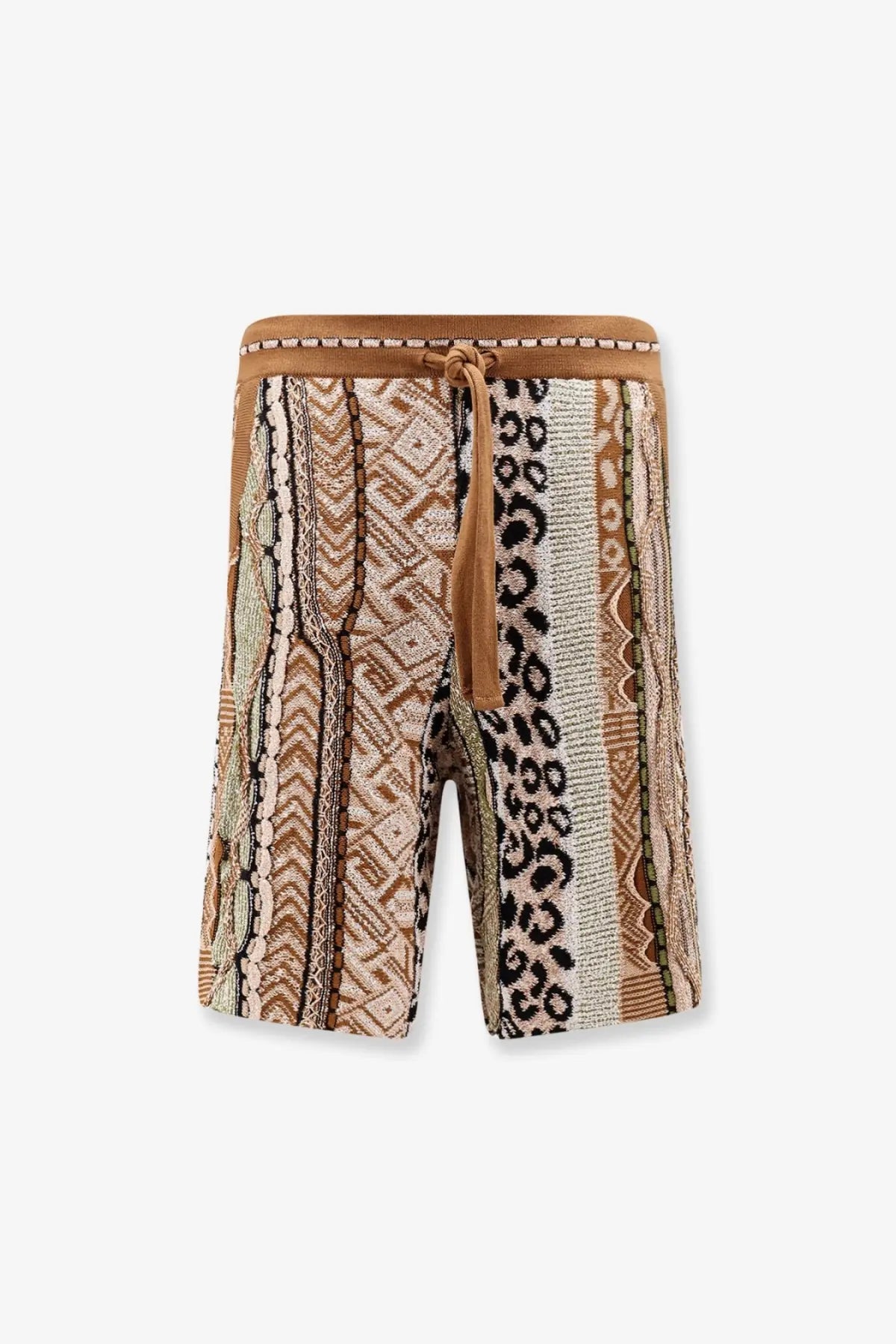 Laneus men’s cotton blend bermuda shorts in beige and brown with geometric and leopard print woven side stripes