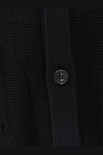 Laneus men’s black cotton cardigan with a textured ribbed knit pattern and silver four-hole button