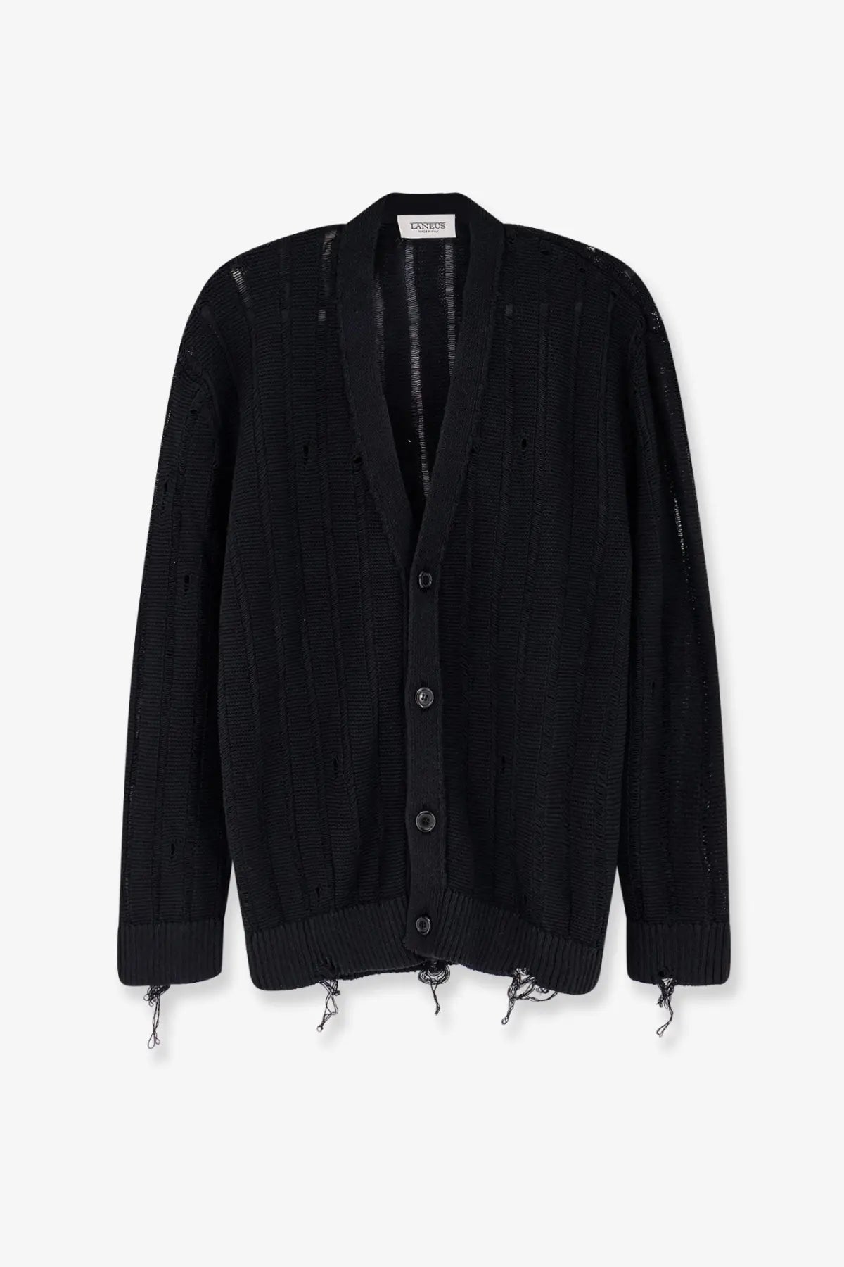 Laneus men’s cotton cardigan black with textured knit and distressed frayed hem and sleeve cuffs visible from front