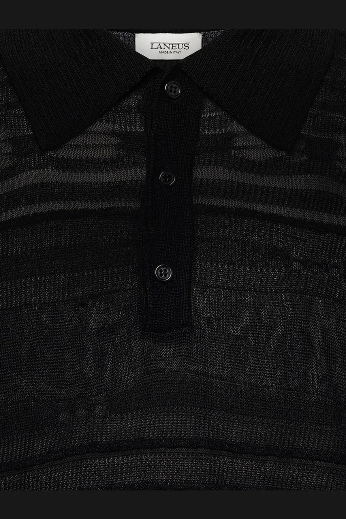 Laneus men’s cotton polo shirt black featuring subtle horizontal stripes and a classic collar with three dark buttons