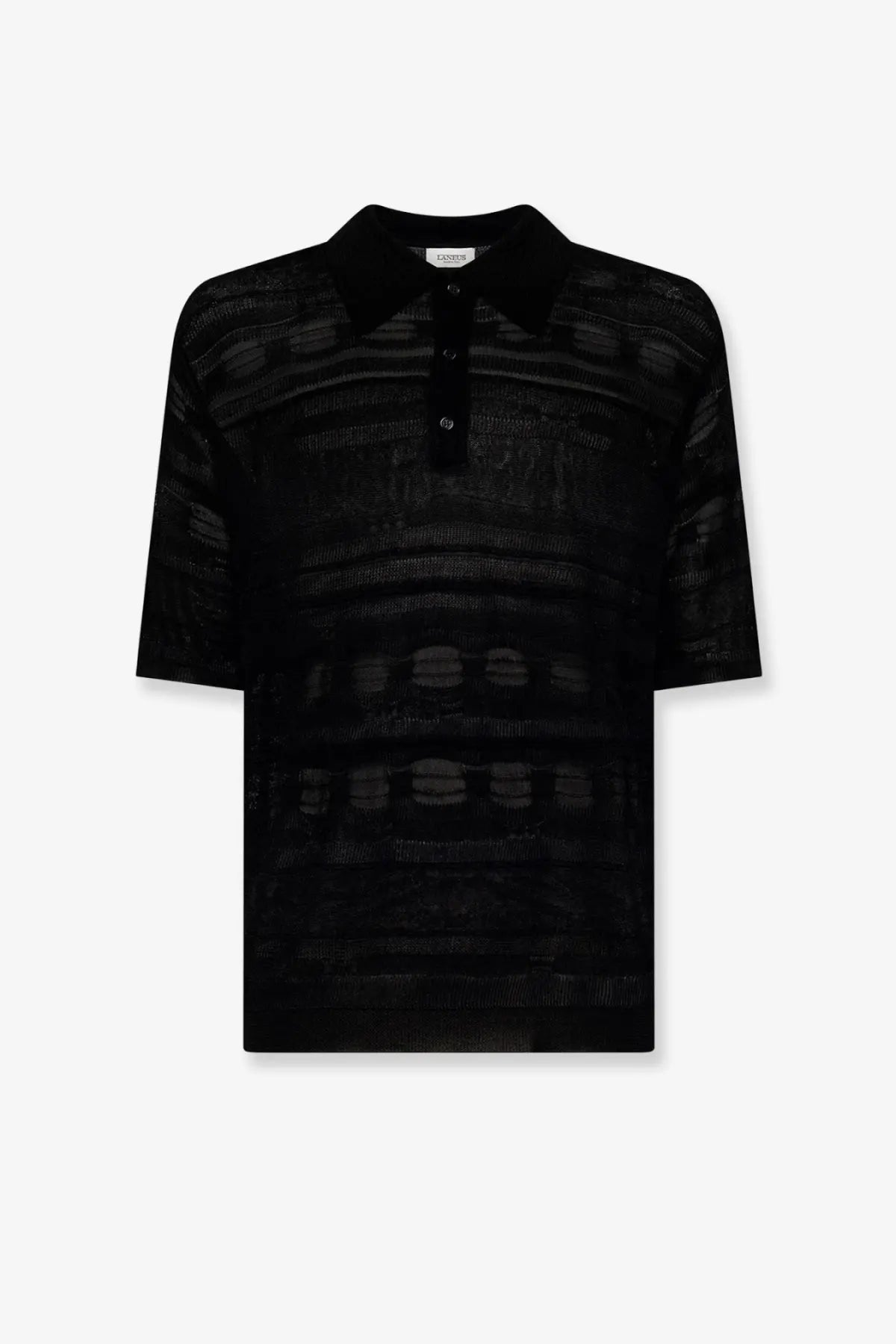 Laneus men’s black cotton polo shirt with textured knit and subtle pattern featuring a buttoned collar