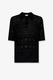 Laneus men’s black cotton polo shirt with textured knit and subtle pattern featuring a buttoned collar