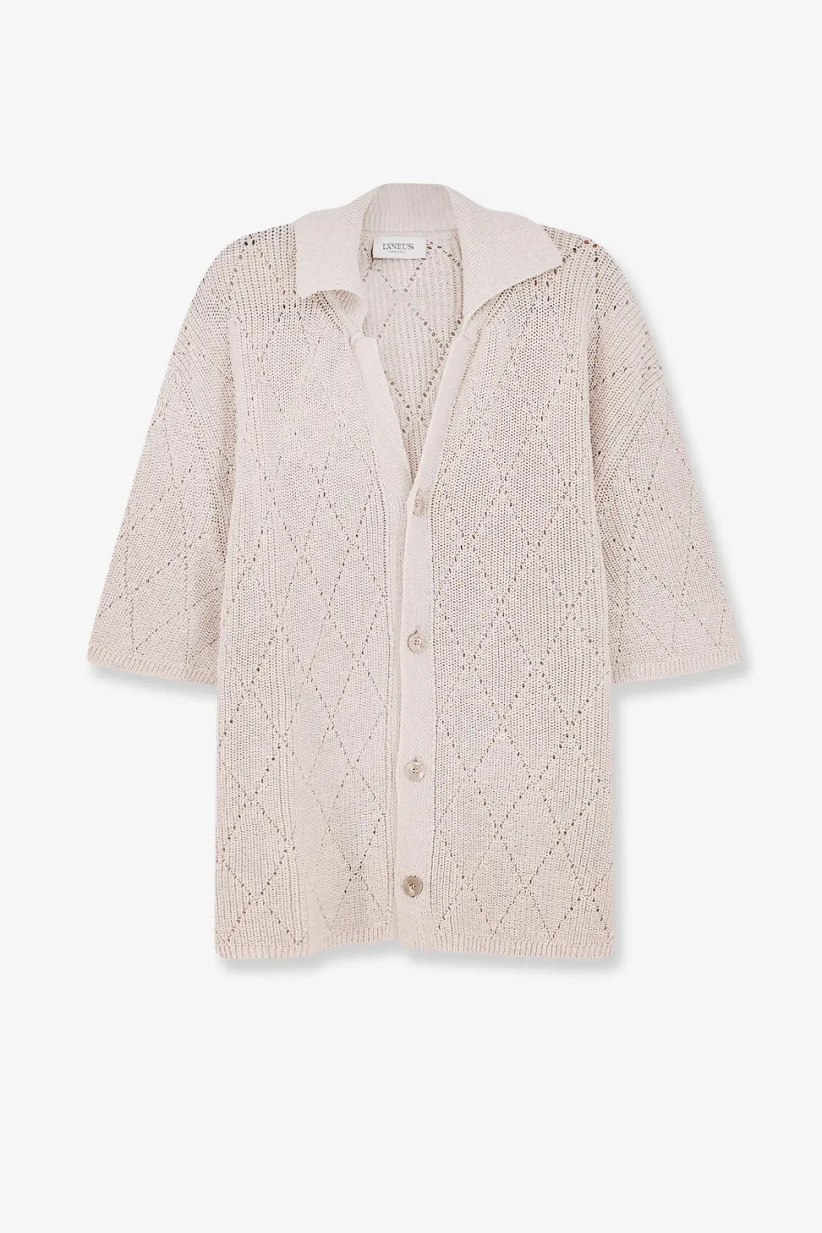 Laneus men’s beige cotton shirt with a soft knitted cardigan featuring a diamond pattern and button closure