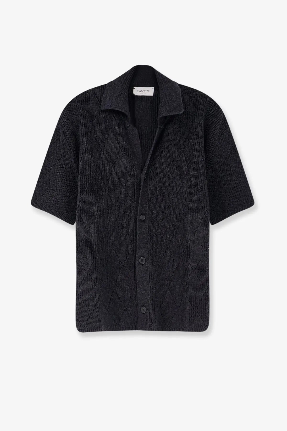Laneus men’s black cotton short-sleeved shirt with subtle diamond pattern and button-up front