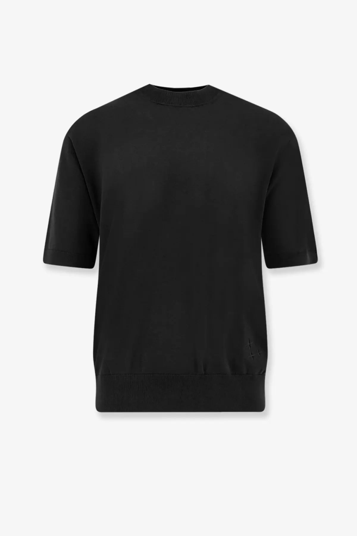 Laneus men’s black cotton sweater short-sleeved crewneck with subtle textured details on hem and side seam