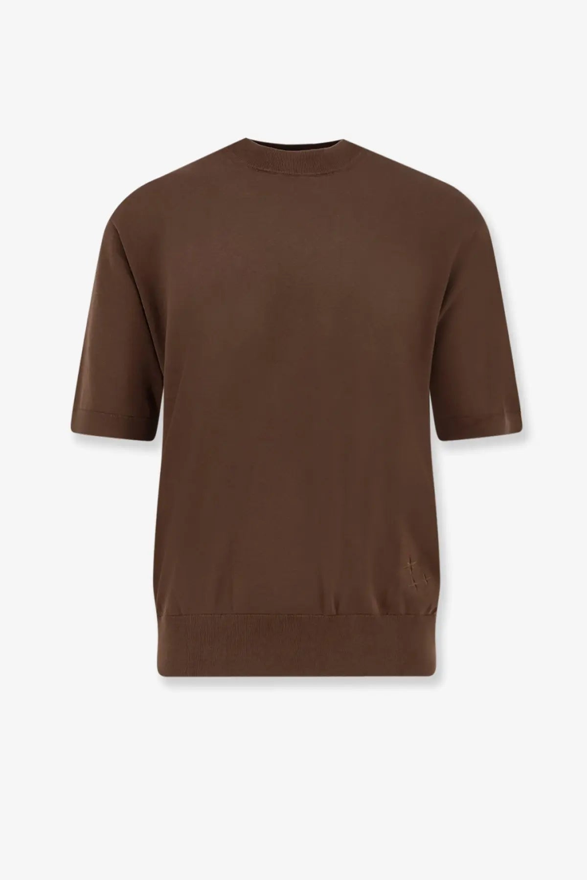 Laneus men’s brown cotton sweater with short sleeves ribbed cuffs and hem crewneck design