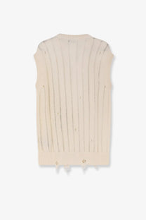 Laneus men’s destroyed effect cotton vest in beige with cream ribbed knit and frayed hem detail