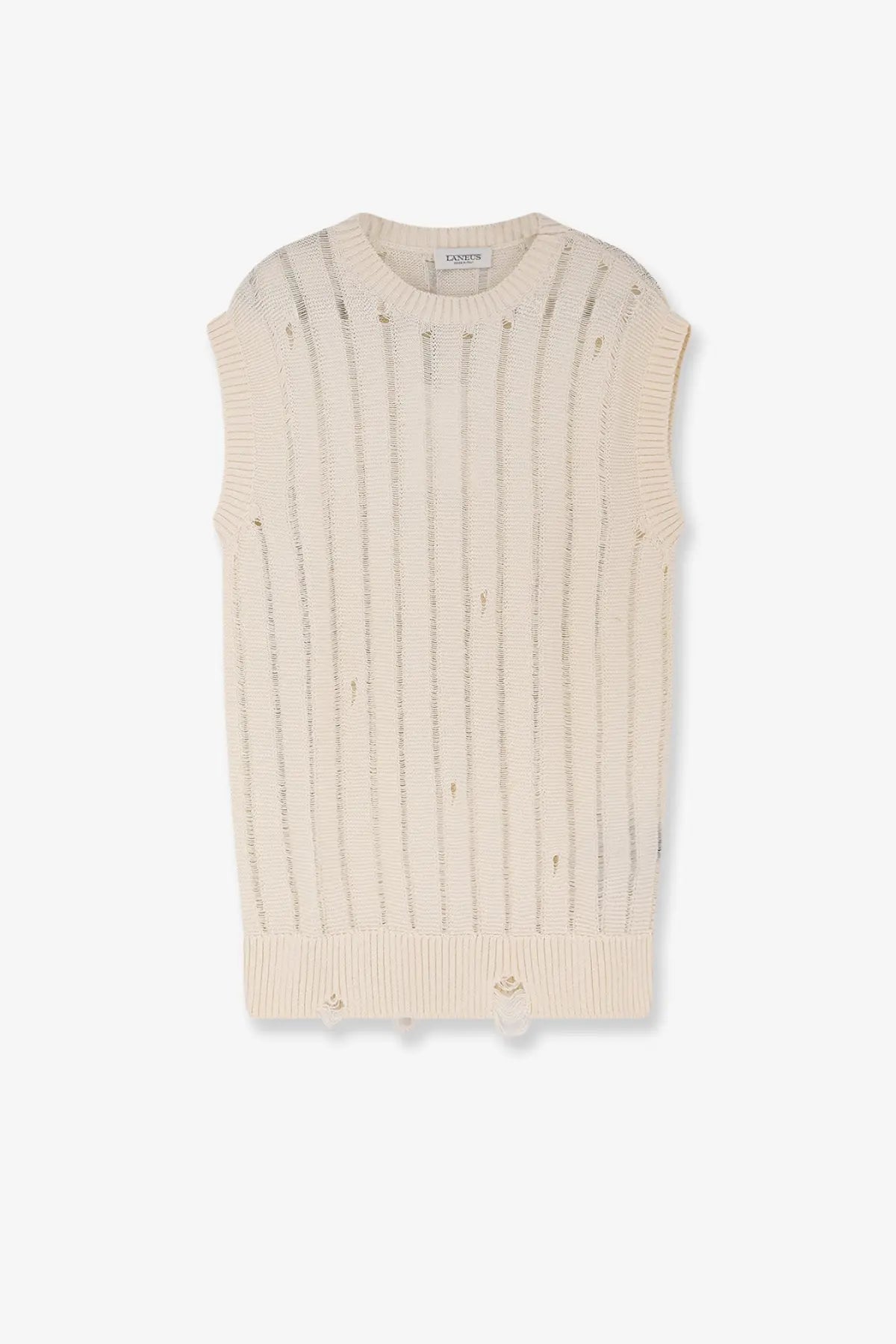 Laneus men’s destroyed effect beige cotton vest with cream-colored ribbed knit and subtle vertical texture details