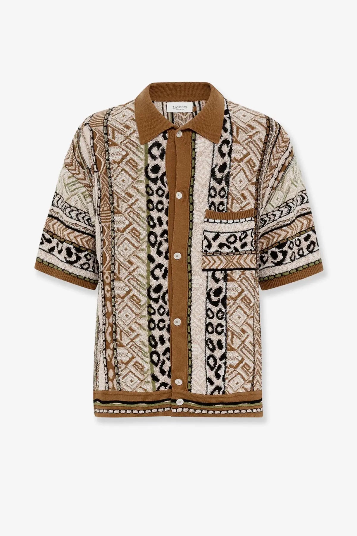 Laneus men’s multicolor knitted shirt brown with beige and brown leopard print patterned short sleeves and button-up front