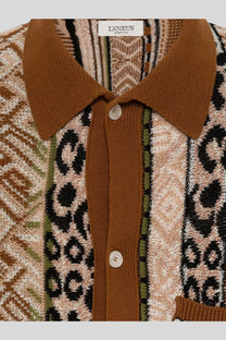 Laneus men’s brown knit polo shirt with beige black olive green geometric pattern multicolor knitted shirt brown