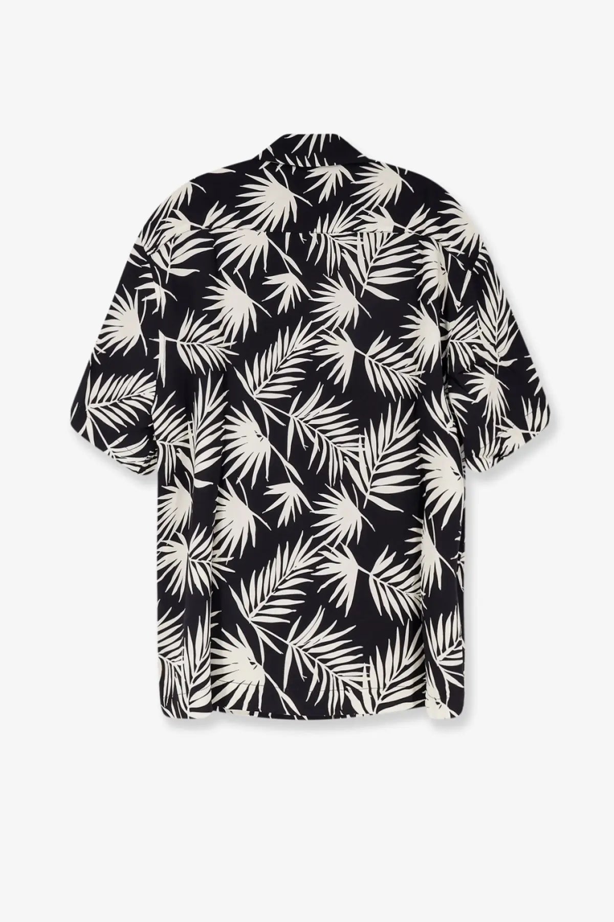 Laneus men’s black viscose shirt with bold white palm leaf print and short sleeves for casual wear