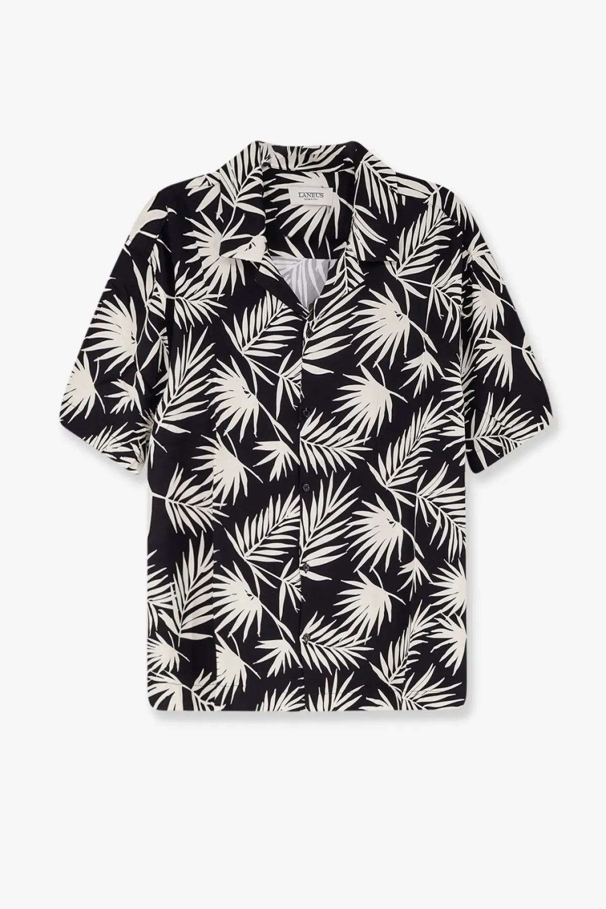 Laneus men’s black short-sleeved viscose shirt with bold white palm leaf print for casual wear